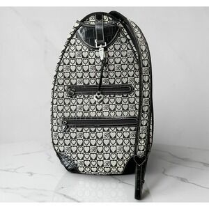 Brighton Sling‎ Backpack Monogram Heart Tapestry Women Black White Leather Trim